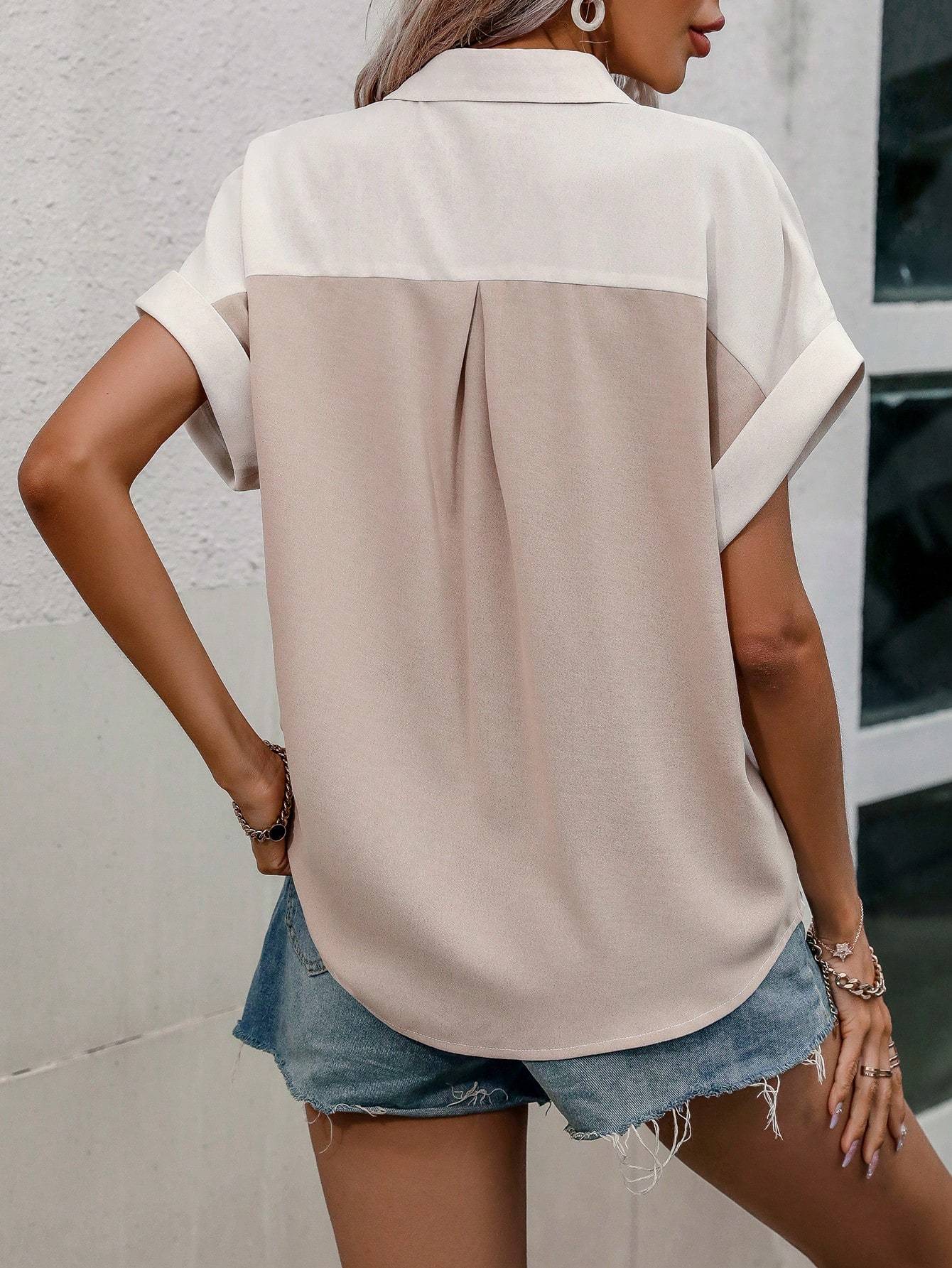 Two-Tone Batwing Sleeve Pocket Shirt