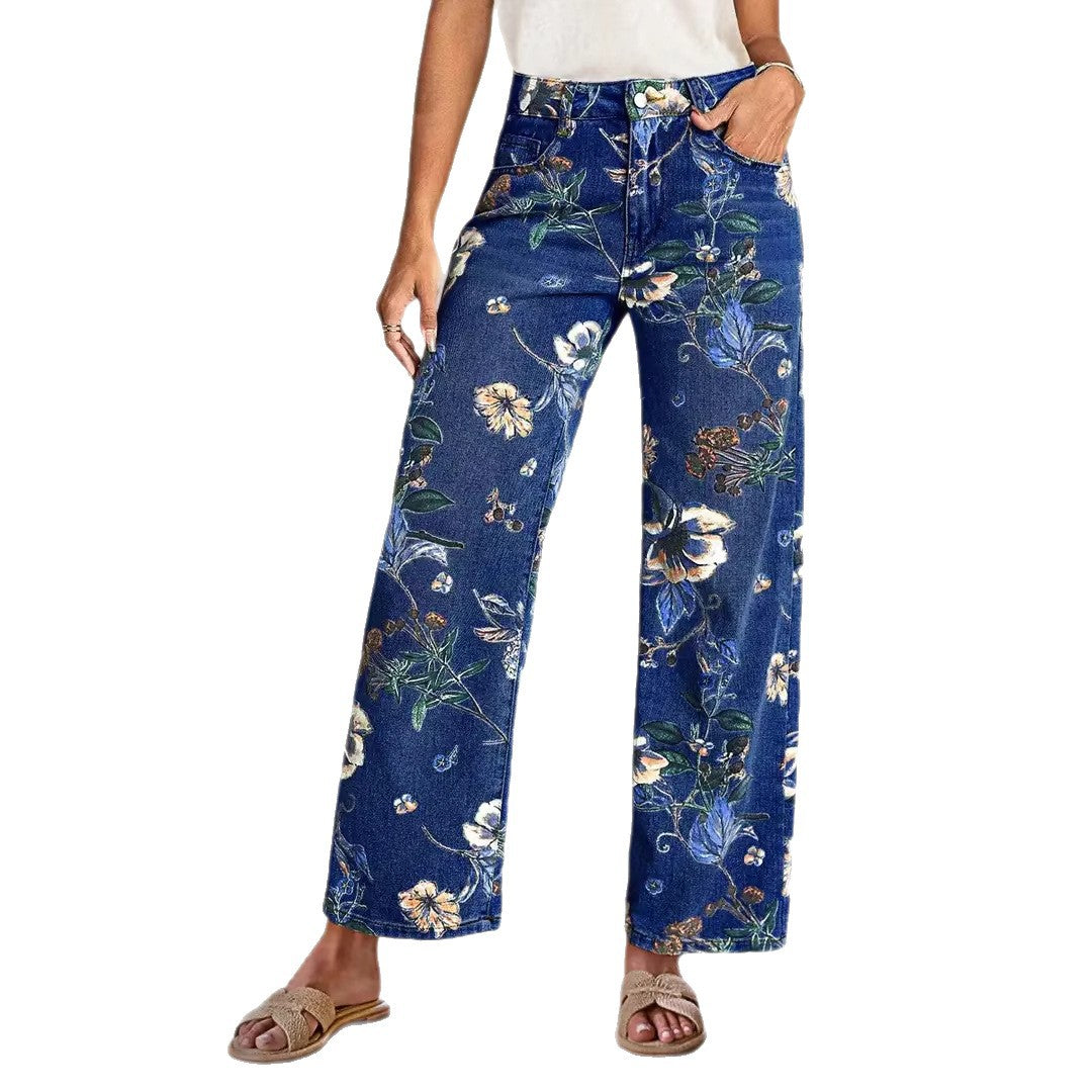 Retro Print Loose Wide Leg Denim Jeans