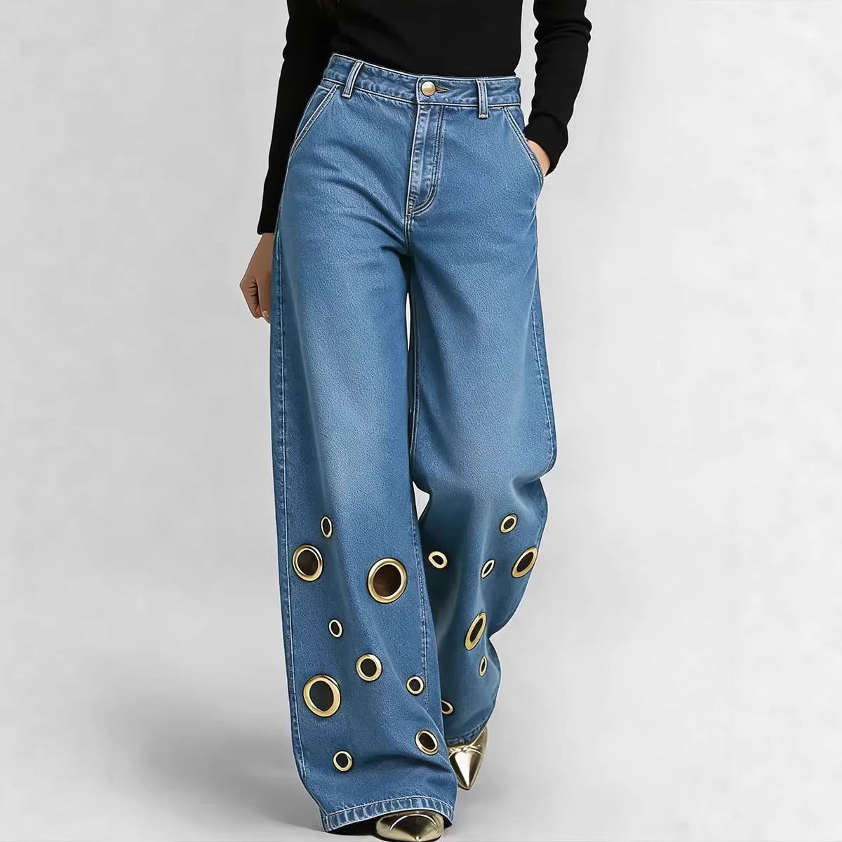 High-Waisted Loose Fit Jeans with Cutout & Eyelet Details