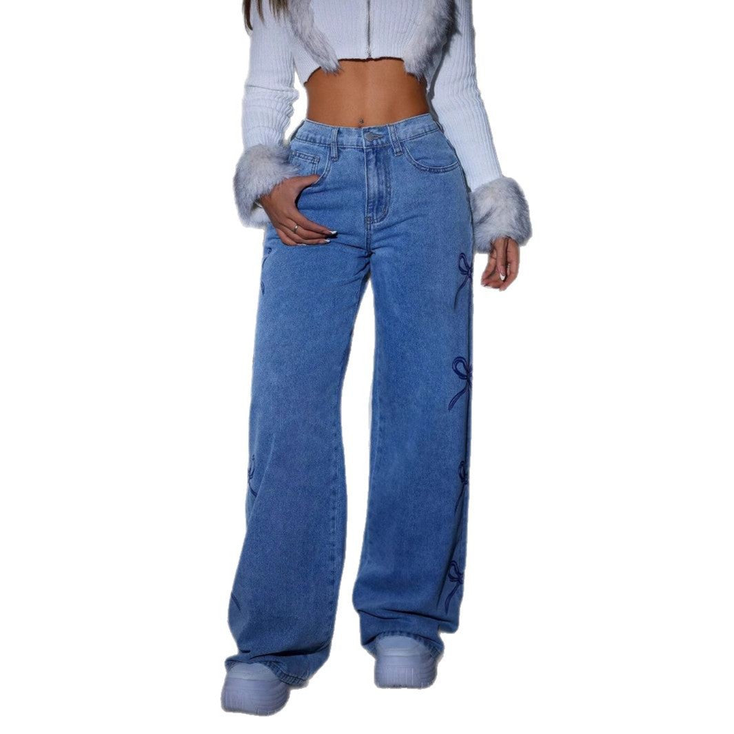 Printed Straight Leg Wide Leg Jeans