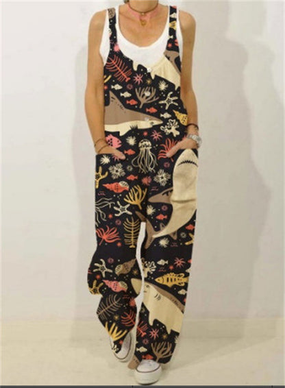 Botanical Print Casual Sleeveless Loose Jumpsuit