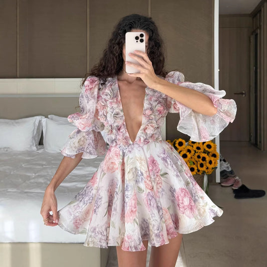 Summer New Sexy V-neck Puff Sleeve Three-dimensional Flower Waist-tight Dress