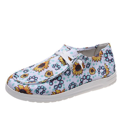 Loafers dames, zonnebloemprint, platte, casual canvas schoenen, zonder veters, gemakkelijke schoenen.