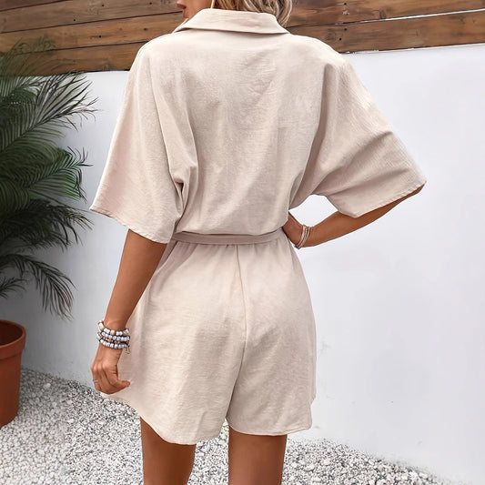 Fashion Belt Short-sleeved Jumpsuit Women's All-matching