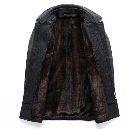 Men’s Mid-Length Woolen Plaid Coat with Detachable Double Collar