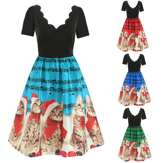 Hepburn style wave V-neck short sleeve printed dress