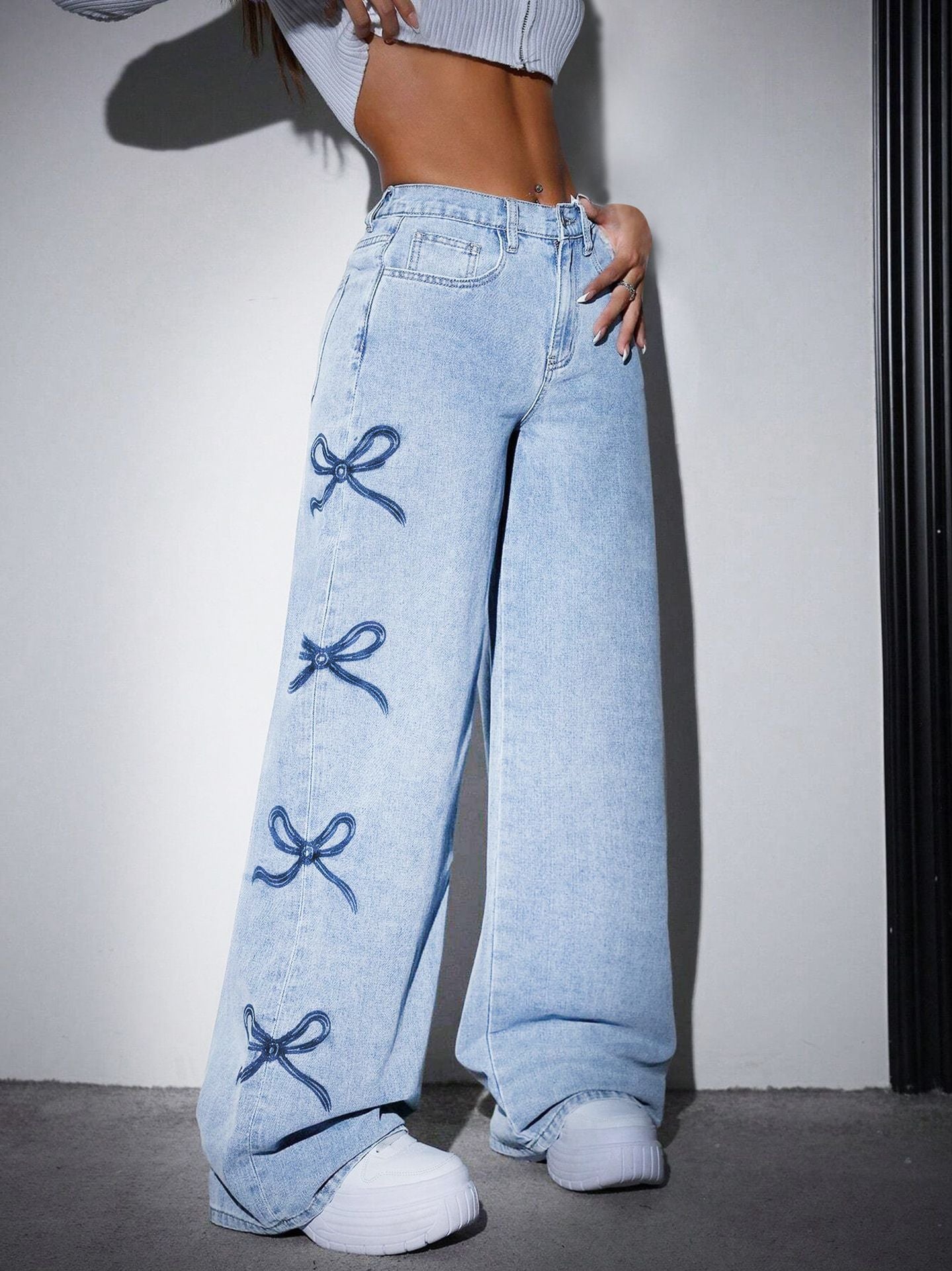 Printed Straight Leg Wide Leg Jeans