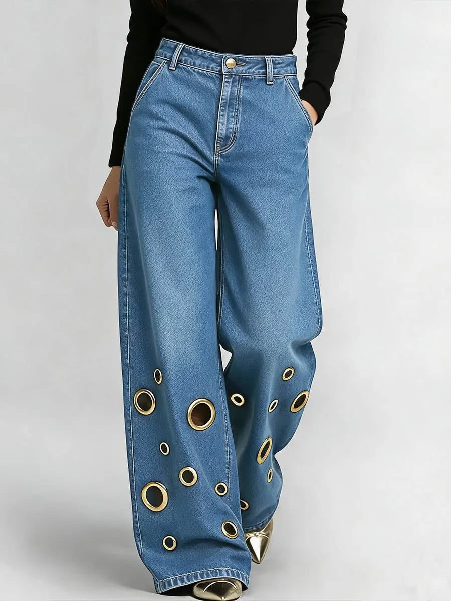 High-Waisted Loose Fit Jeans with Cutout & Eyelet Details