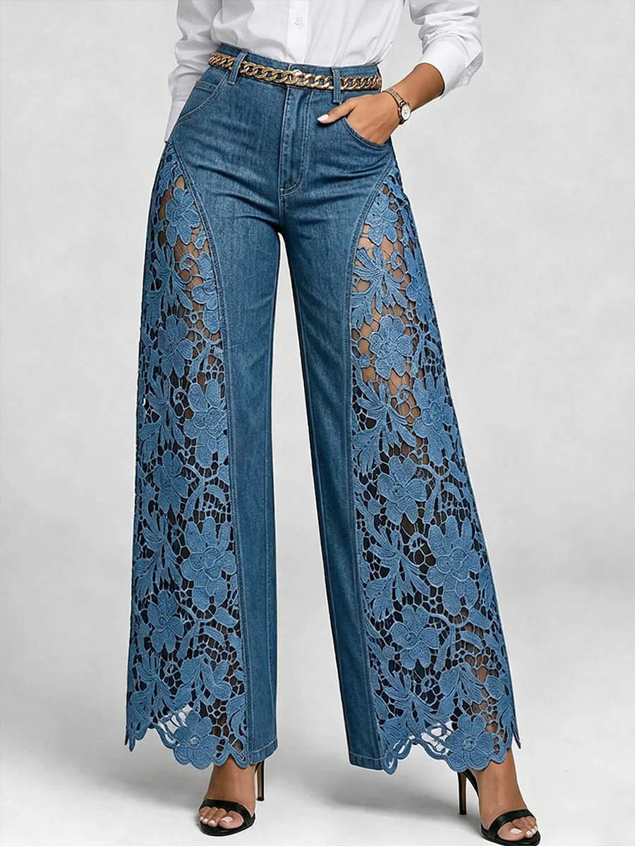 Women’s High-Waisted Wide Leg Lace Panelled Jeans