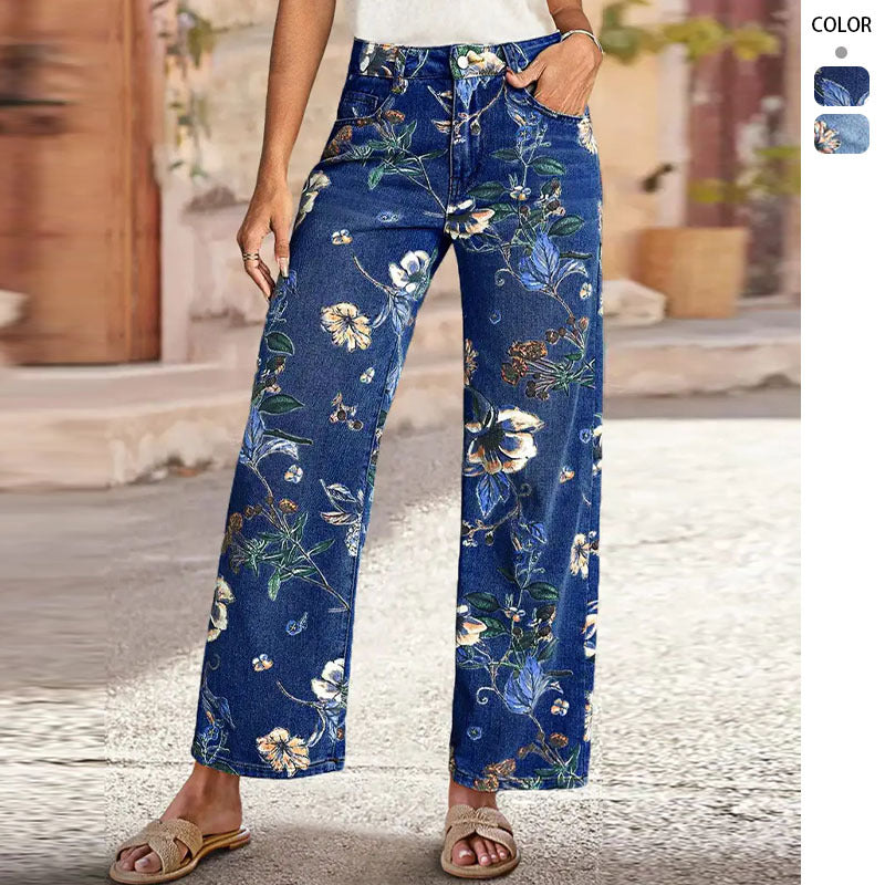 Retro Print Loose Wide Leg Denim Jeans