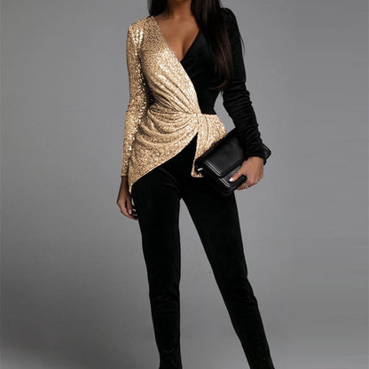 Women's Fashion Temperament Commute High Waist Sequined Jumpsuit
