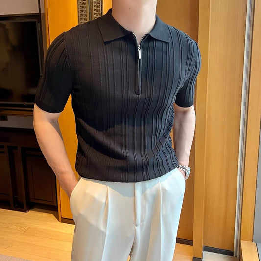 Retro Jacquard Zipper Polo