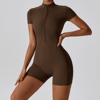 Summer Zip-Up Short Sleeve Shorts Yoga Bodysuit For Women - Dance Workout Form-Fitting One-Piece