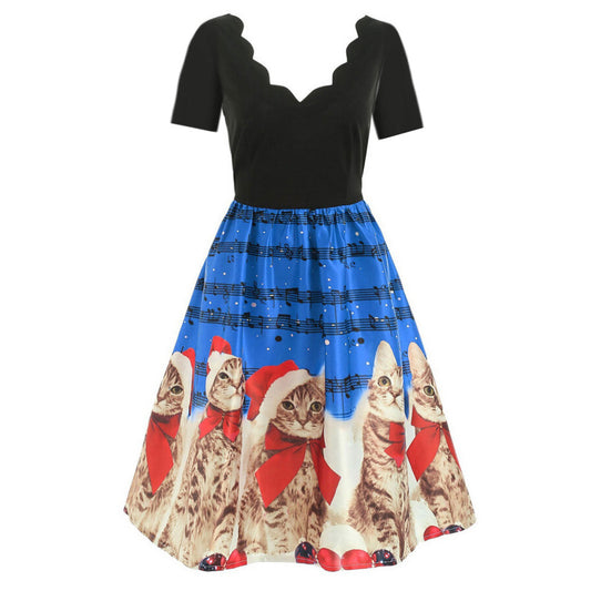 Hepburn style wave V-neck short sleeve printed dress