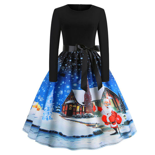 Christmas Retro Print Long-Sleeved Big Swing Dress
