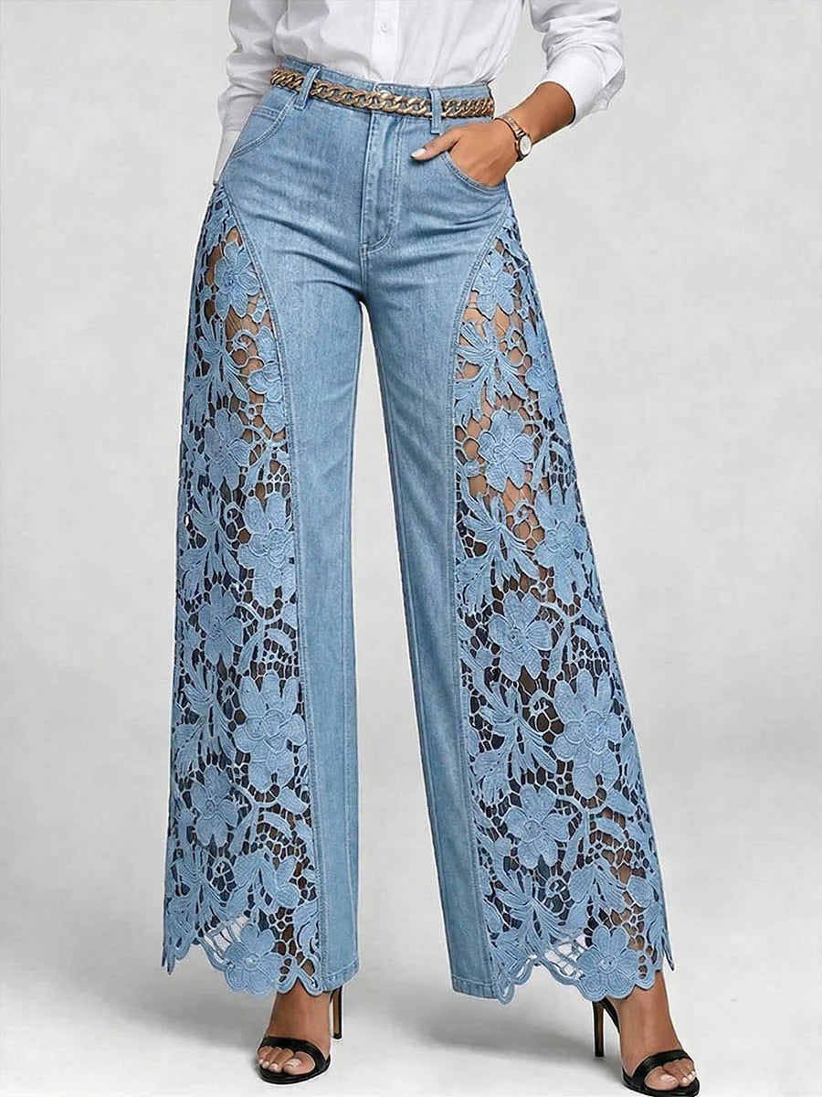 Women’s High-Waisted Wide Leg Lace Panelled Jeans