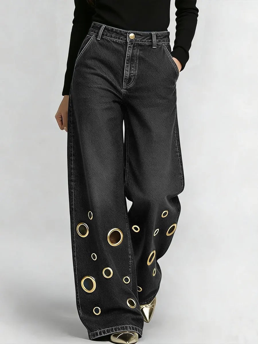 High-Waisted Loose Fit Jeans with Cutout & Eyelet Details