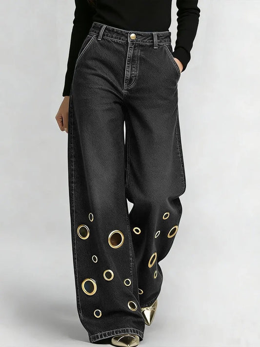 High-Waisted Loose Fit Jeans with Cutout & Eyelet Details