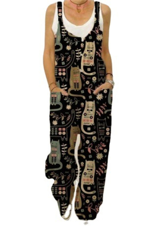 Botanical Print Casual Sleeveless Loose Jumpsuit