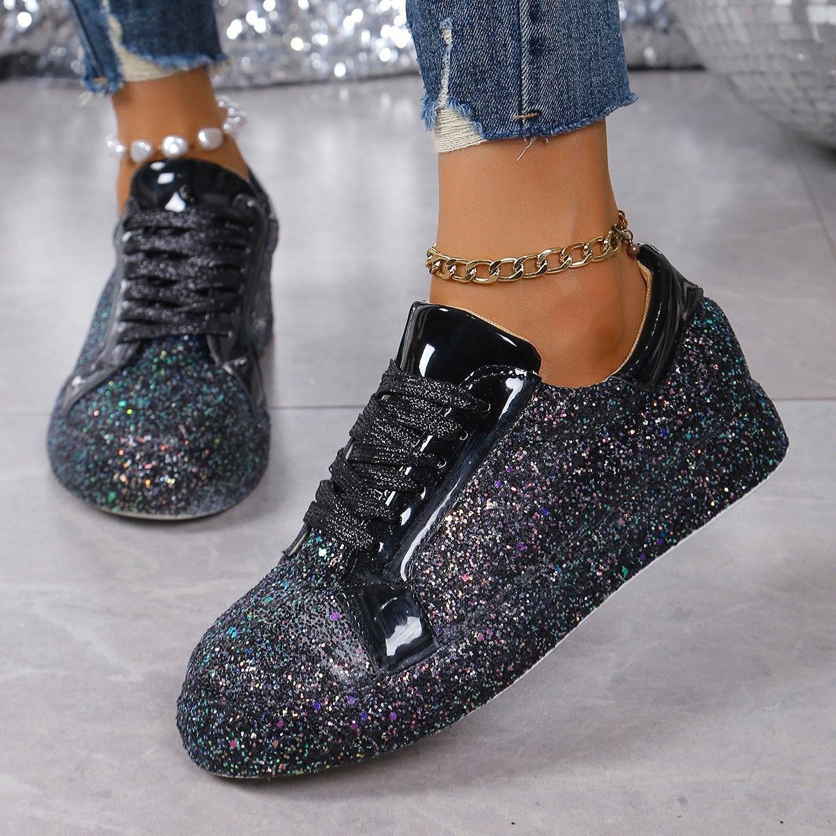 Plus Size Spaanse Pumps met Pailletten, Casual Modieus, Vrouwen, Vetersluiting aan de Voorzijde, Sneakers