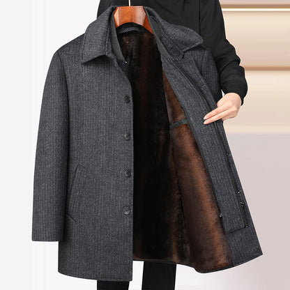 Men’s Mid-Length Woolen Plaid Coat with Detachable Double Collar
