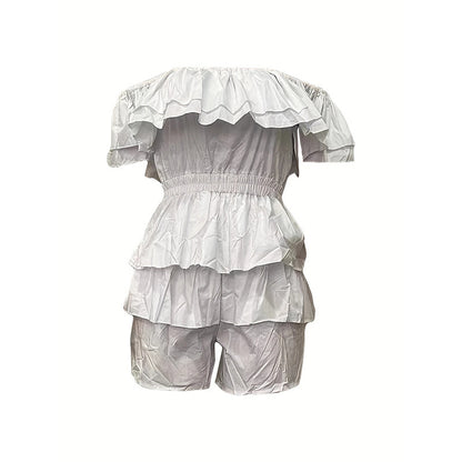 Womens Sexy Off Shoulder Rompers Summer Ruffle Short Sleeve Tiered Short Jumpsuits