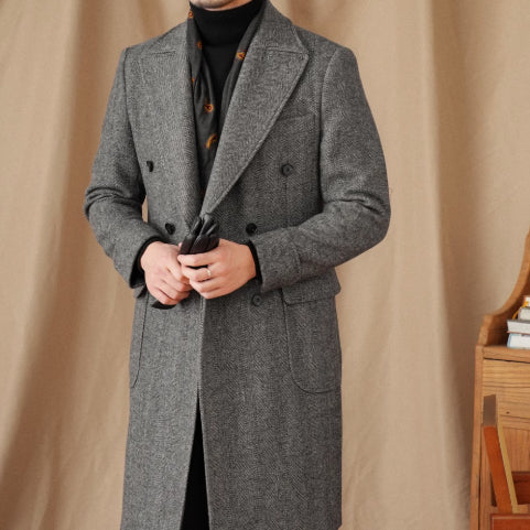 Wool Herringbone Italian Double-row Trench Coat