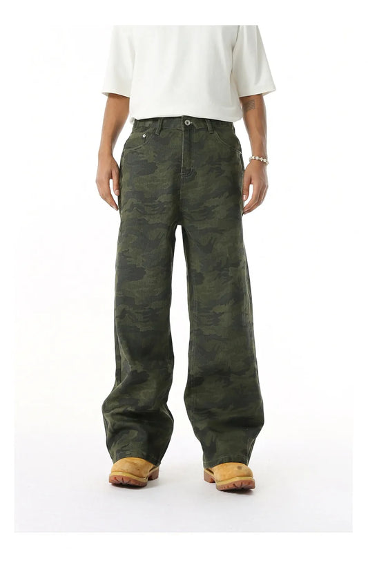 Camouflage Wide Leg Washed Jeans