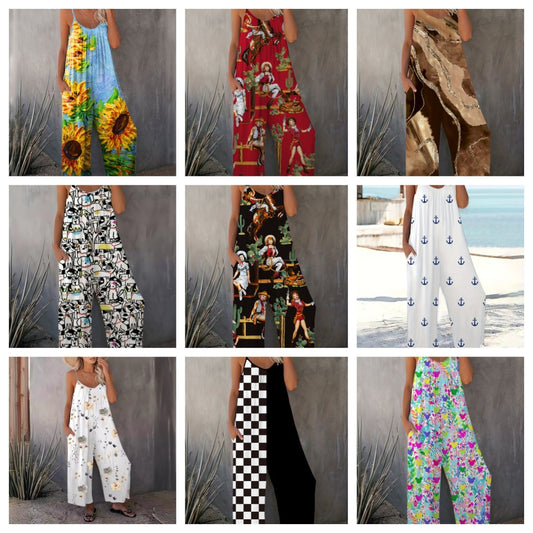 Bohemian Printed Pleated Suspender Jumpsuit