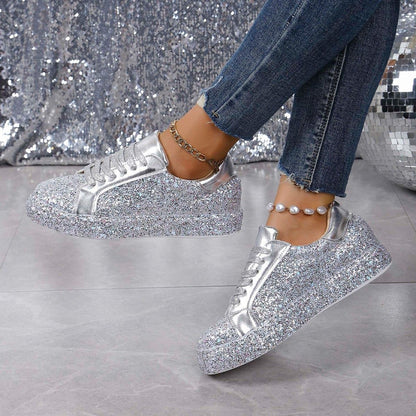 Plus Size Spaanse Pumps met Pailletten, Casual Modieus, Vrouwen, Vetersluiting aan de Voorzijde, Sneakers