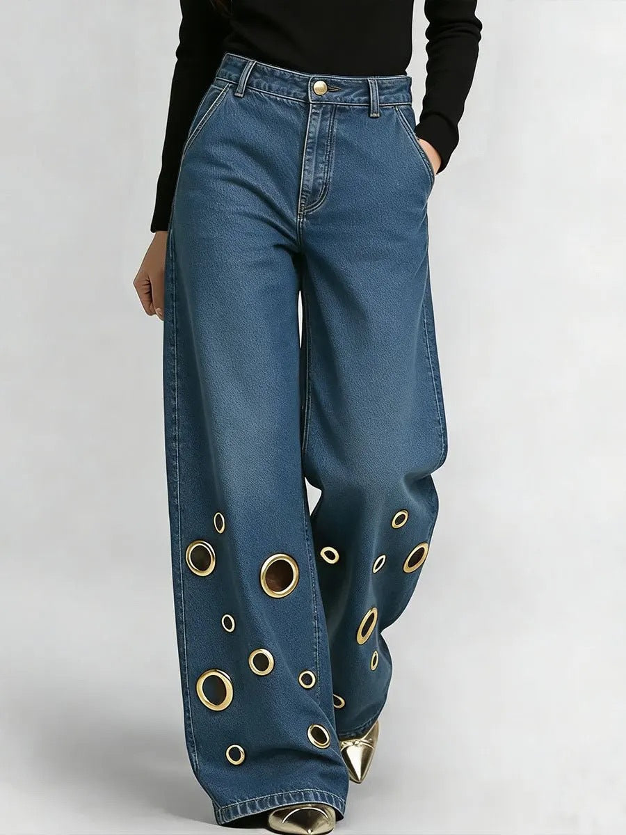 High-Waisted Loose Fit Jeans with Cutout & Eyelet Details