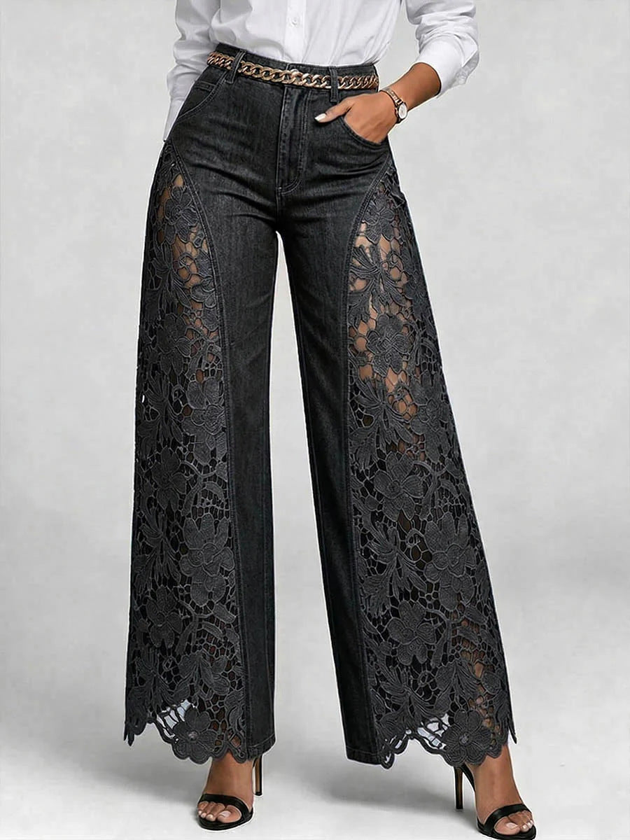 Women’s High-Waisted Wide Leg Lace Panelled Jeans