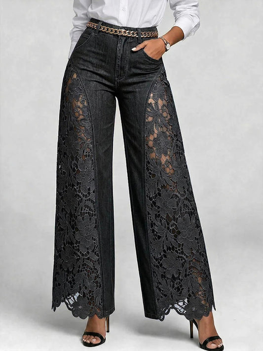 Women’s High-Waisted Wide Leg Lace Panelled Jeans