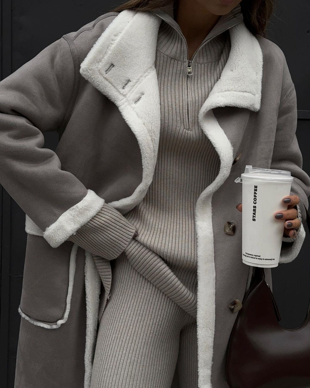 Winter Patch Pocket Gray And White Color Matching Coat