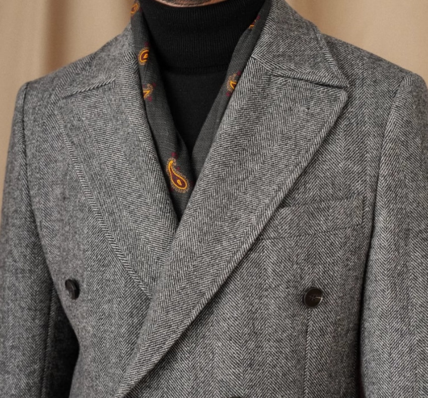 Wool Herringbone Italian Double-row Trench Coat
