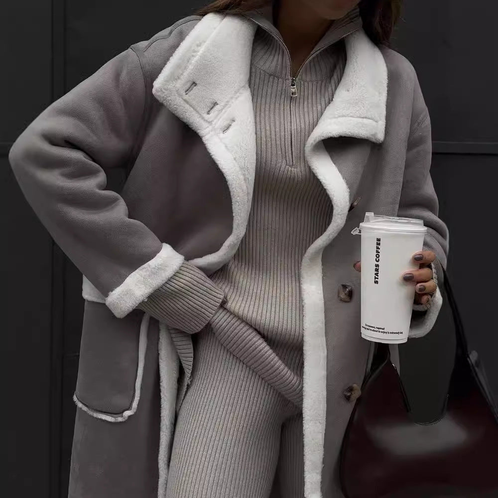 Winter Patch Pocket Gray And White Color Matching Coat
