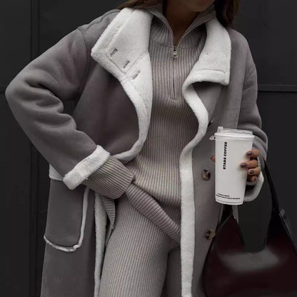 Winter Patch Pocket Gray And White Color Matching Coat