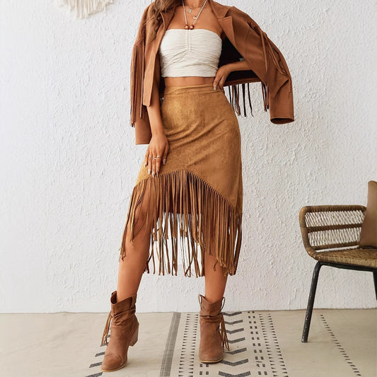 Women's Tassel Edge Asymmetrical Hem Solid Color Skirt