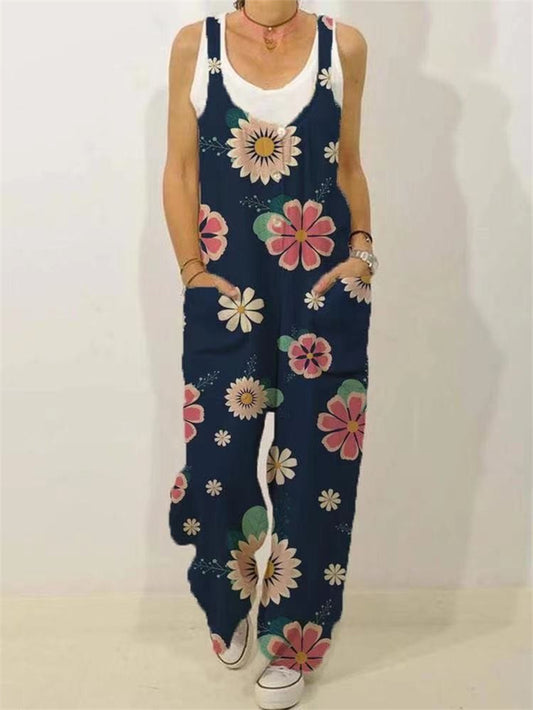Botanical Print Casual Sleeveless Loose Jumpsuit