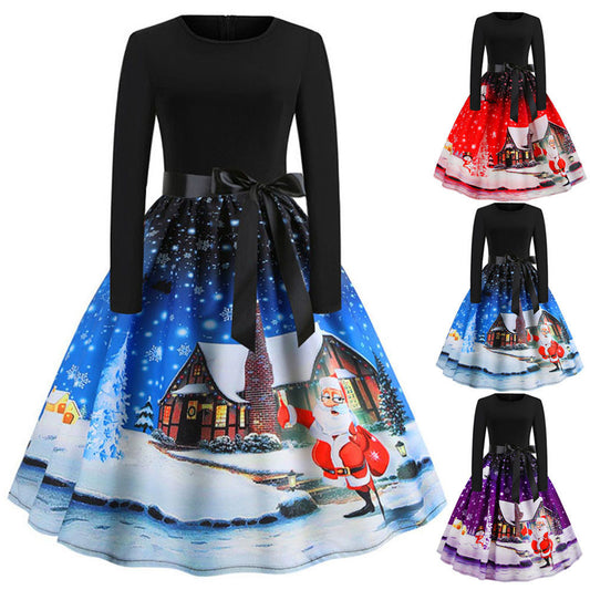 Christmas Retro Print Long-Sleeved Big Swing Dress