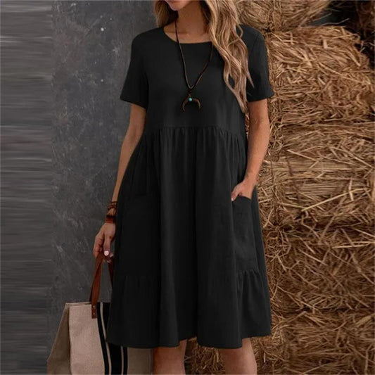 Summer Cotton And Linen Loose Fashion Round Neck Dress
