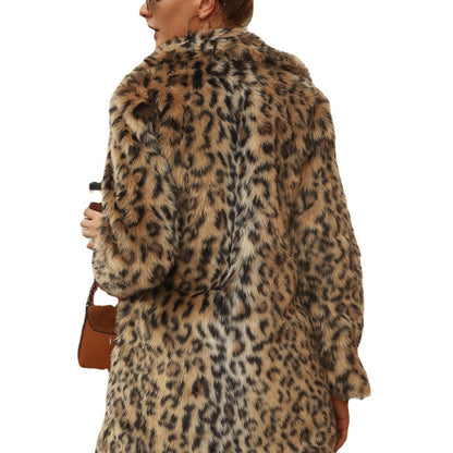 Leopard Print Faux Fur Suit Collar Coat