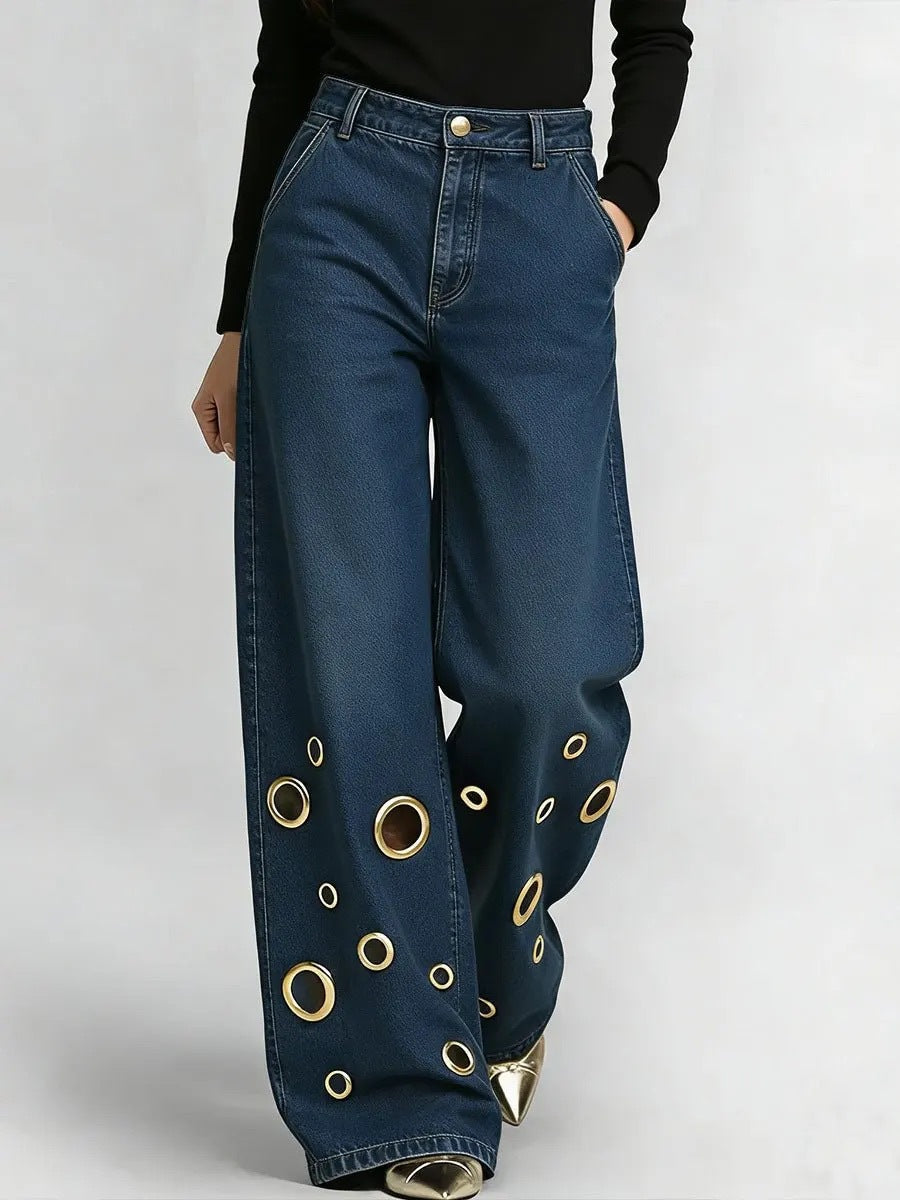High-Waisted Loose Fit Jeans with Cutout & Eyelet Details