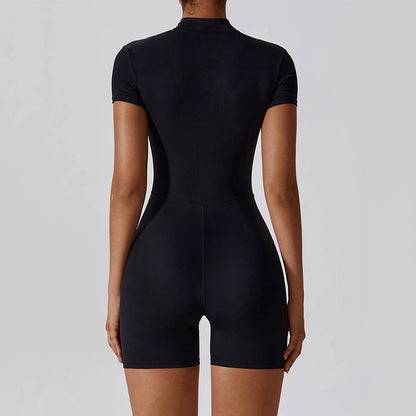 Summer Zip-Up Short Sleeve Shorts Yoga Bodysuit For Women - Dance Workout Form-Fitting One-Piece