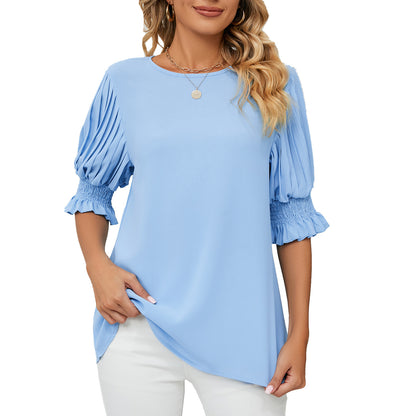 Solid Color Round Neck Ruffles Princess Sleeves Chiffon Blouses For Women