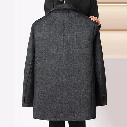 Men’s Mid-Length Woolen Plaid Coat with Detachable Double Collar