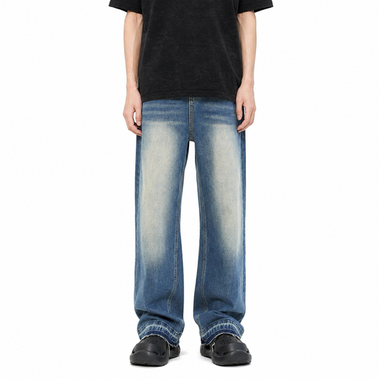 Men’s Straight Long Jeans with Raw Hem Detail