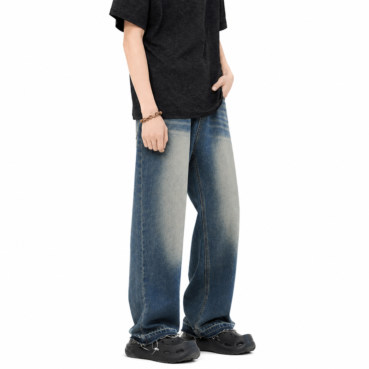 Men’s Straight Long Jeans with Raw Hem Detail