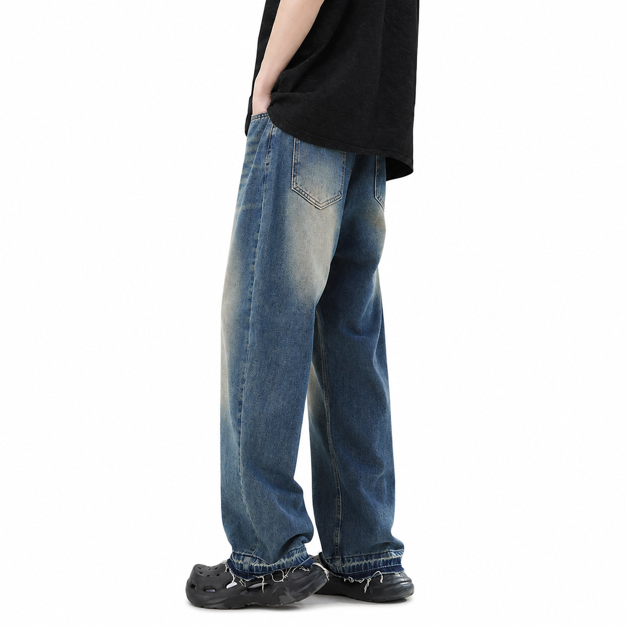 Men’s Straight Long Jeans with Raw Hem Detail