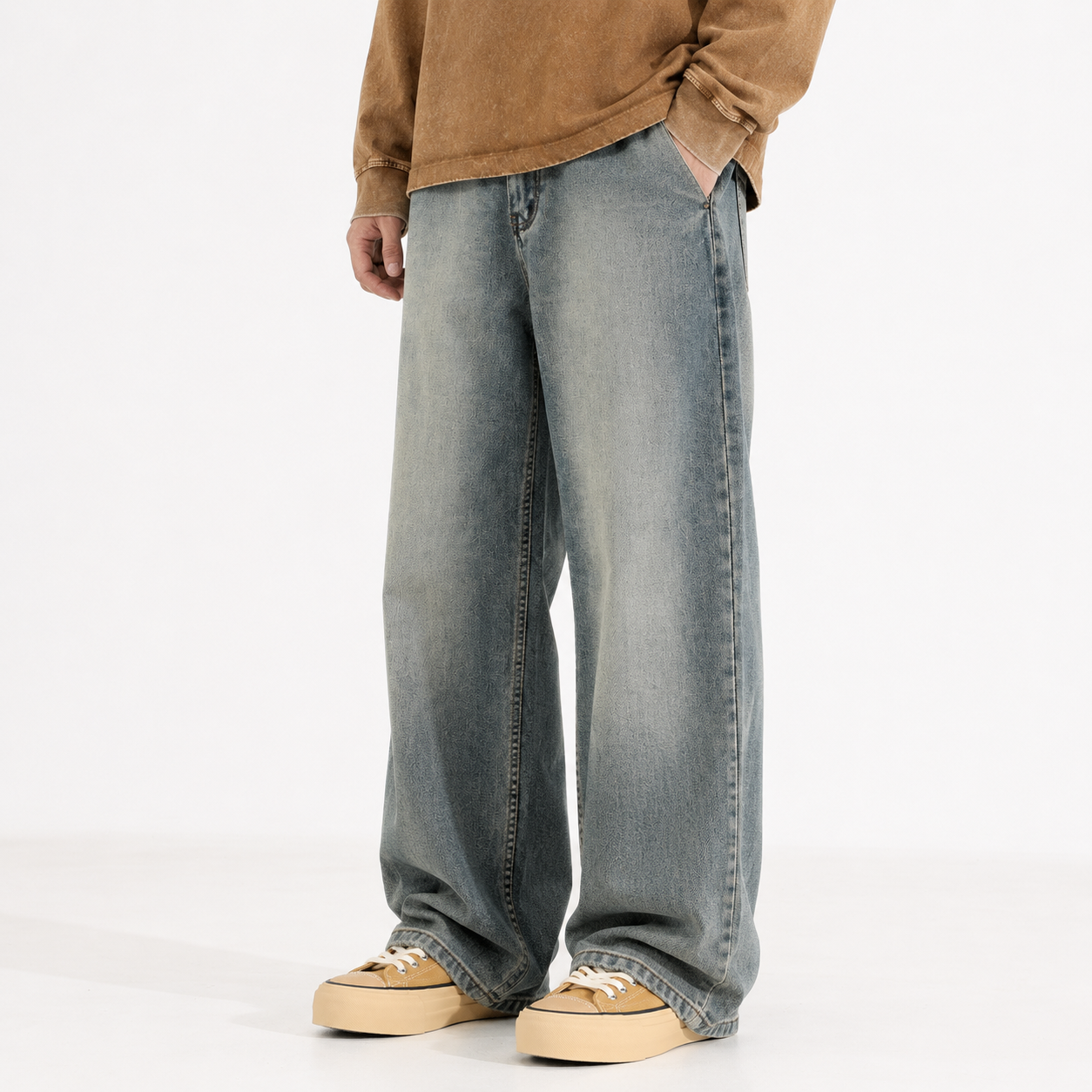 Washed Worn Baggy Jeans